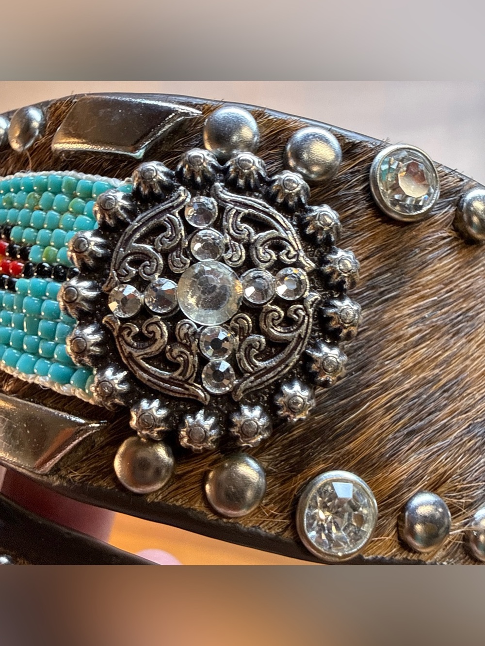 Ariat Leather Beaded Rhinestone Bare Belt Sz L Hide Hair Western Turquoise Boho - Picture 4 of 16